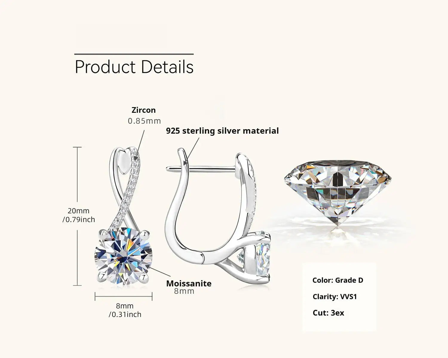 2 Ct Moissanite Clip-On Earrings 925 Sterling Silver Interlaced Studs Gift BandsCo Straps