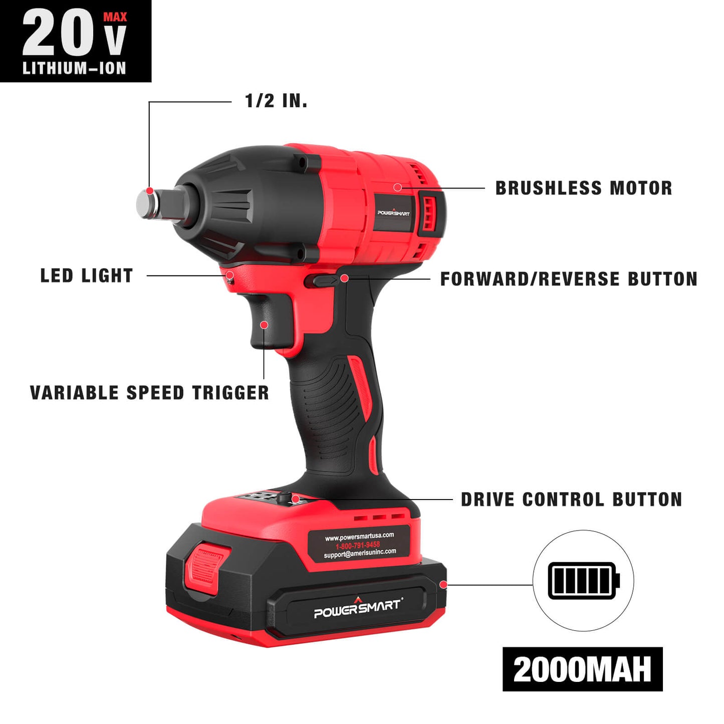 20V Brushless Cordless Impact Wrench Kit w/ Battery & Charger PS76142B PowerSmart