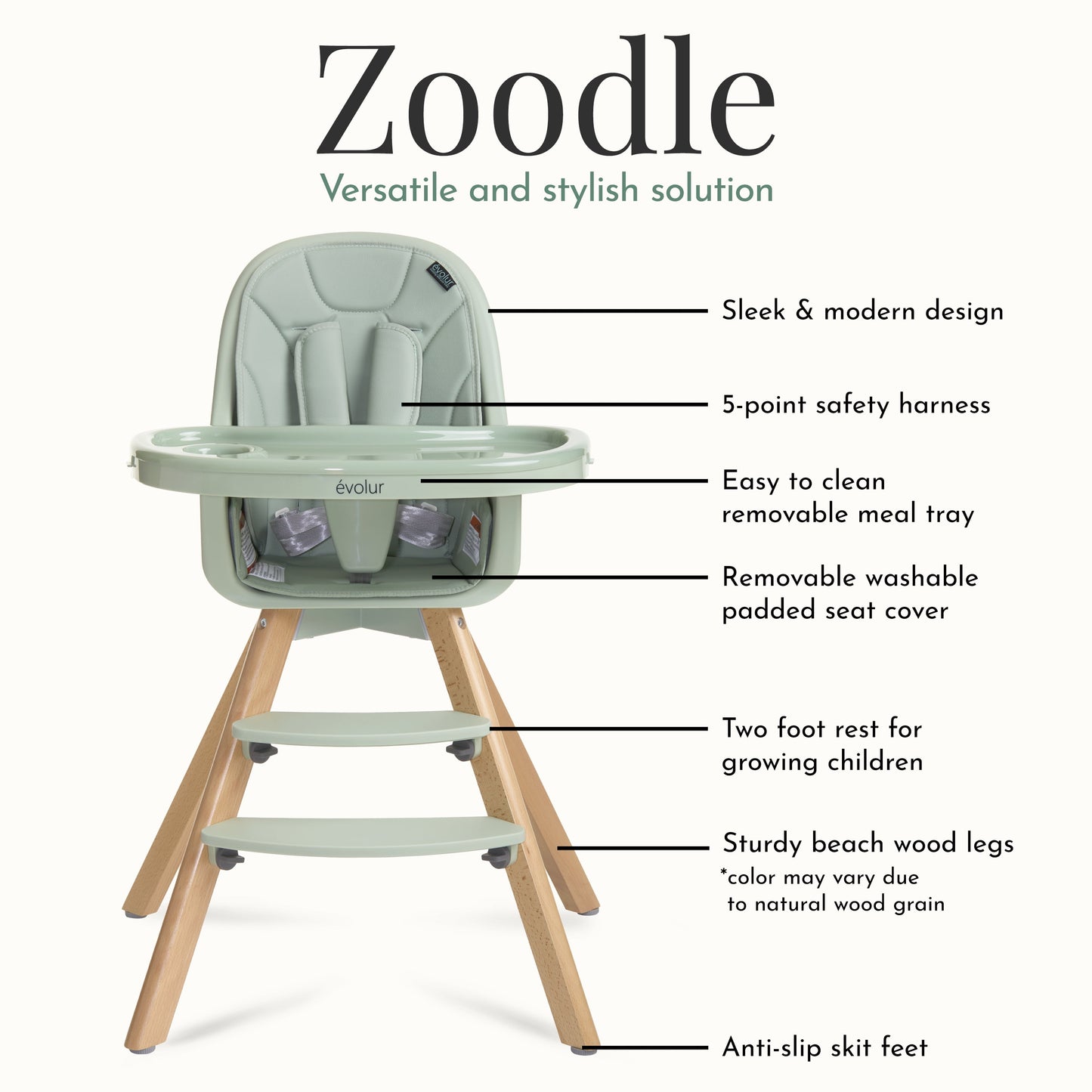 Zoodle 2-In-1 High Chair Booster Feeding Chair with Modern Design, Sage Green (Model #254)