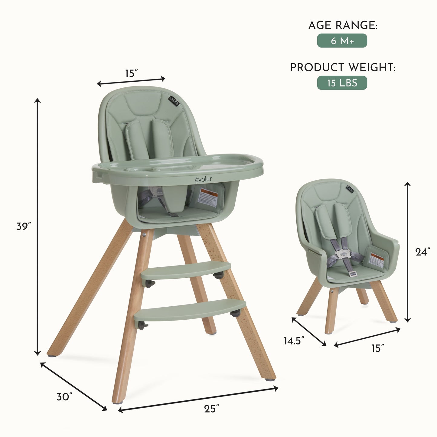 Zoodle 2-In-1 High Chair Booster Feeding Chair with Modern Design, Sage Green (Model #254)