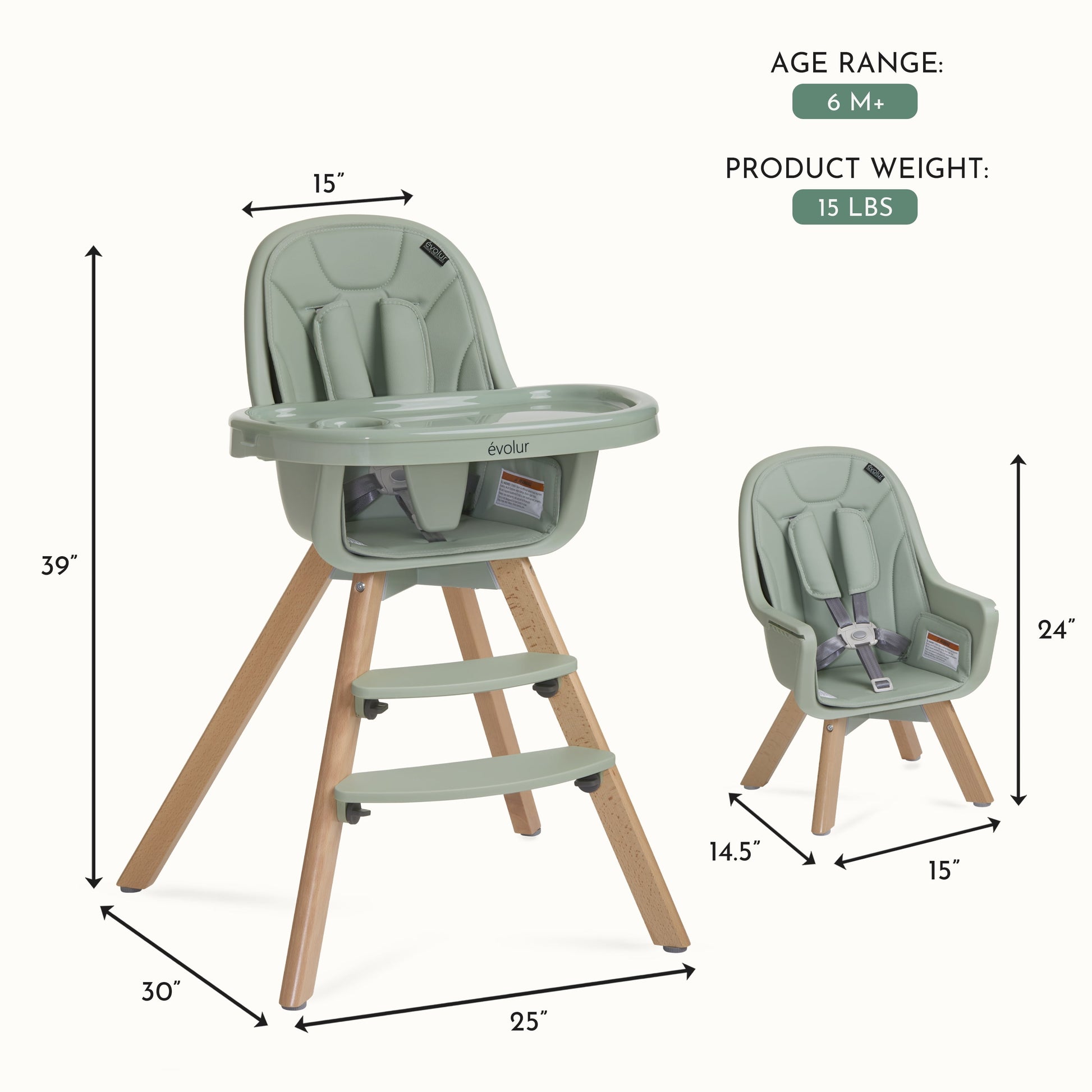 Zoodle 2-In-1 High Chair Booster Feeding Chair with Modern Design, Sage Green (Model #254)