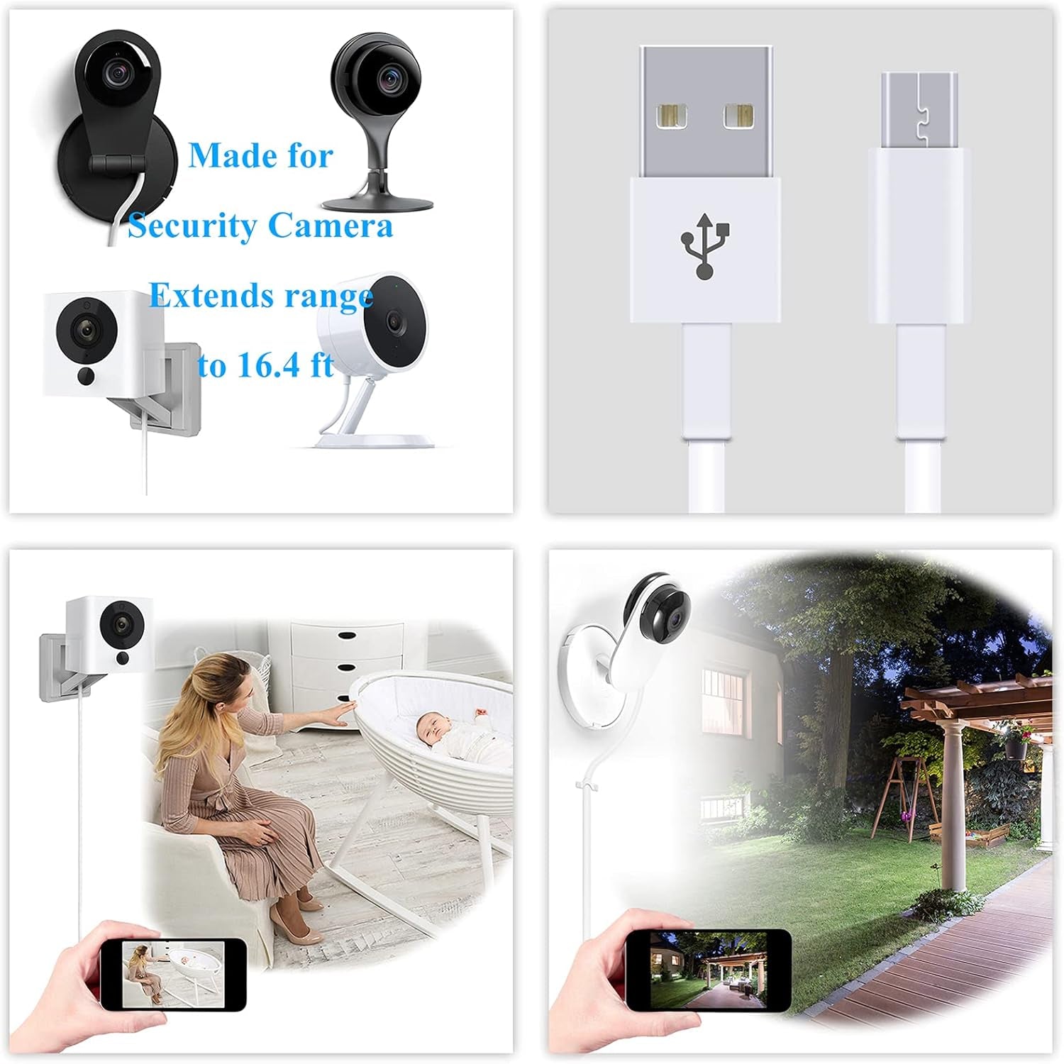 16.4FT Power Extension Cable for Wyzecam/Wyzecam V3/ Wyzecam Pan/Wyze Cam Pan V2/ Kasacam/Nestcam Indoor/Yi Cam,Usb to Micro USB Charging and Data Sync Cord 2 Pack