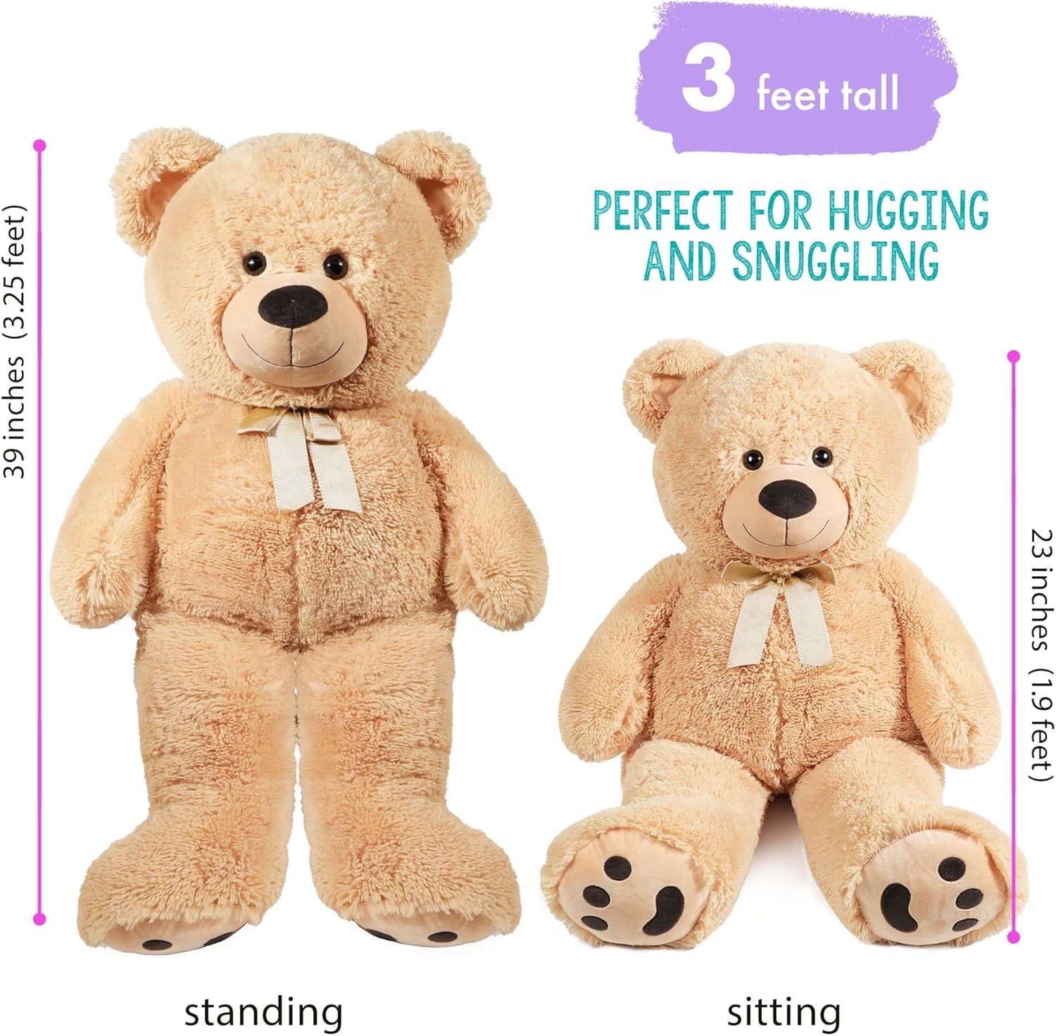 3 Feet Giant Teddy Bear Stuffed Animal, 39 Inch Large Bear Plush Toy with Footprints for Birthday, Anniversary, for Her, Women, Girlfriend, Wife