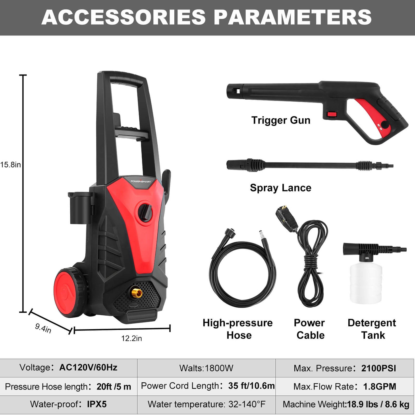 1850PSI 1.85GPM Electric Pressure Washer DB1023 PowerSmart