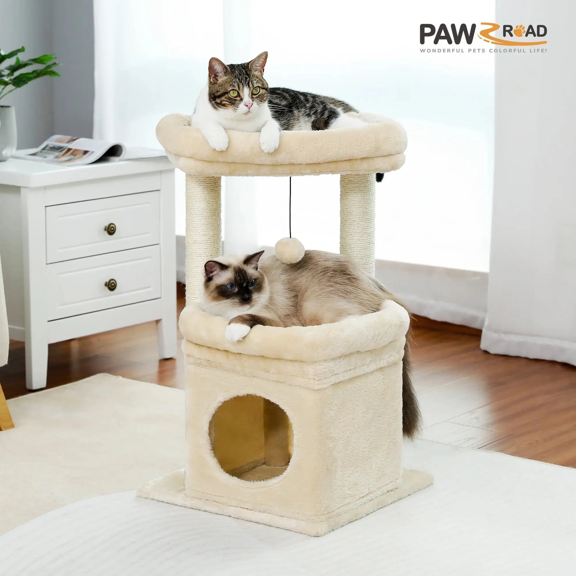 27" Cat Tree for Medium Cats Plush Condo and Scratching Posts, Beige