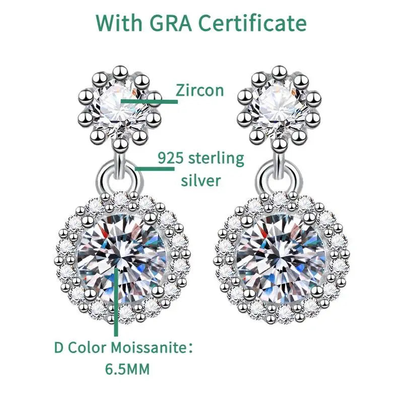 1CT 2Pcs D-Color Moissanite Drop Earrings 925 Sterling Silver With Certificate BandsCo Straps