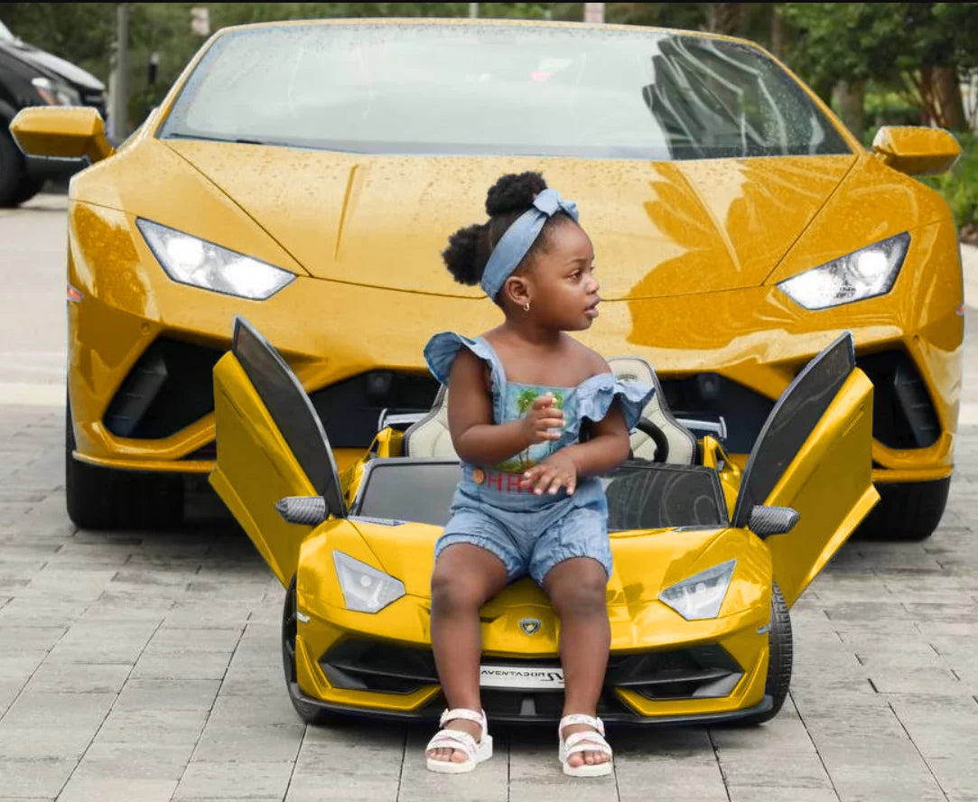 24V Lamborghini Aventador W/ Swappable Battery - Electric Car for Kids with 3 Speeds, Leather Seat, Remote, MP3 Music by Bluetooth, FM Radio, Rubber Tires (Yellow)