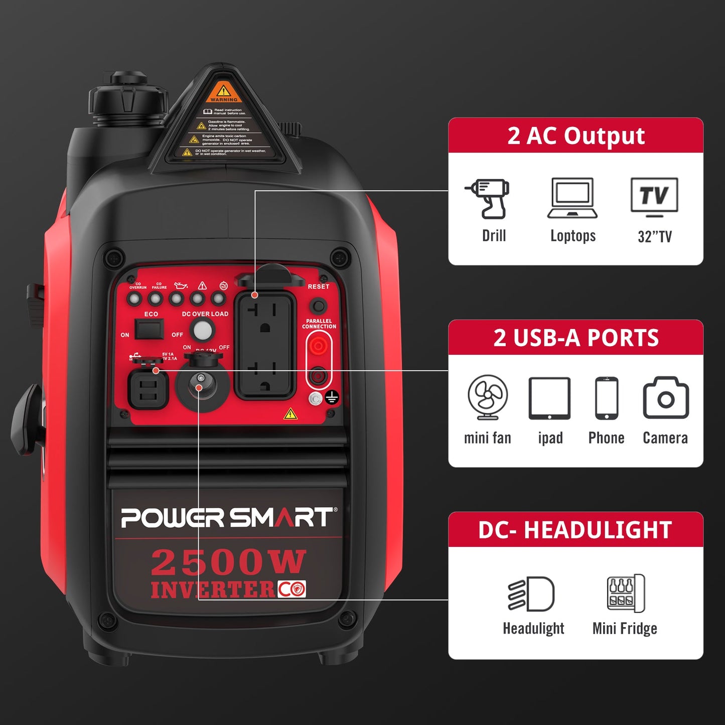 2500W Inverter Gas Generator w/ CO Alert HB5020C PowerSmart