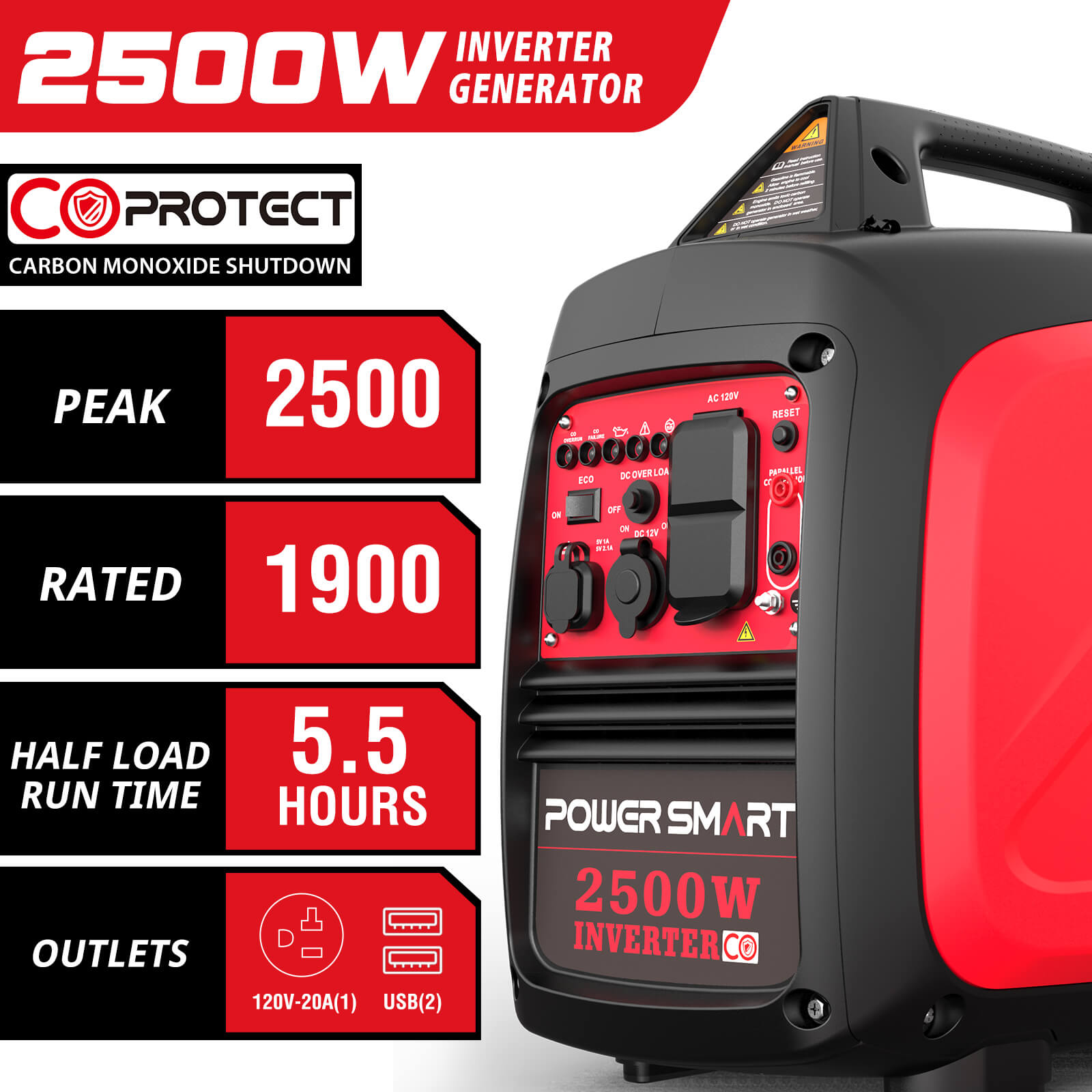 2500W Inverter Gas Generator w/ CO Alert HB5020C PowerSmart