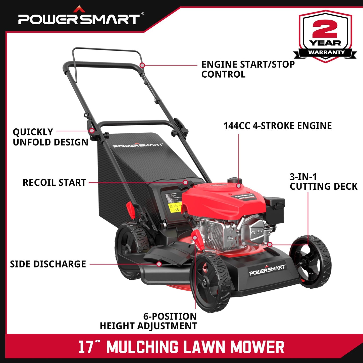 17" 144cc Gas Push 3-in-1 Lawn Mower DV8618P PowerSmart