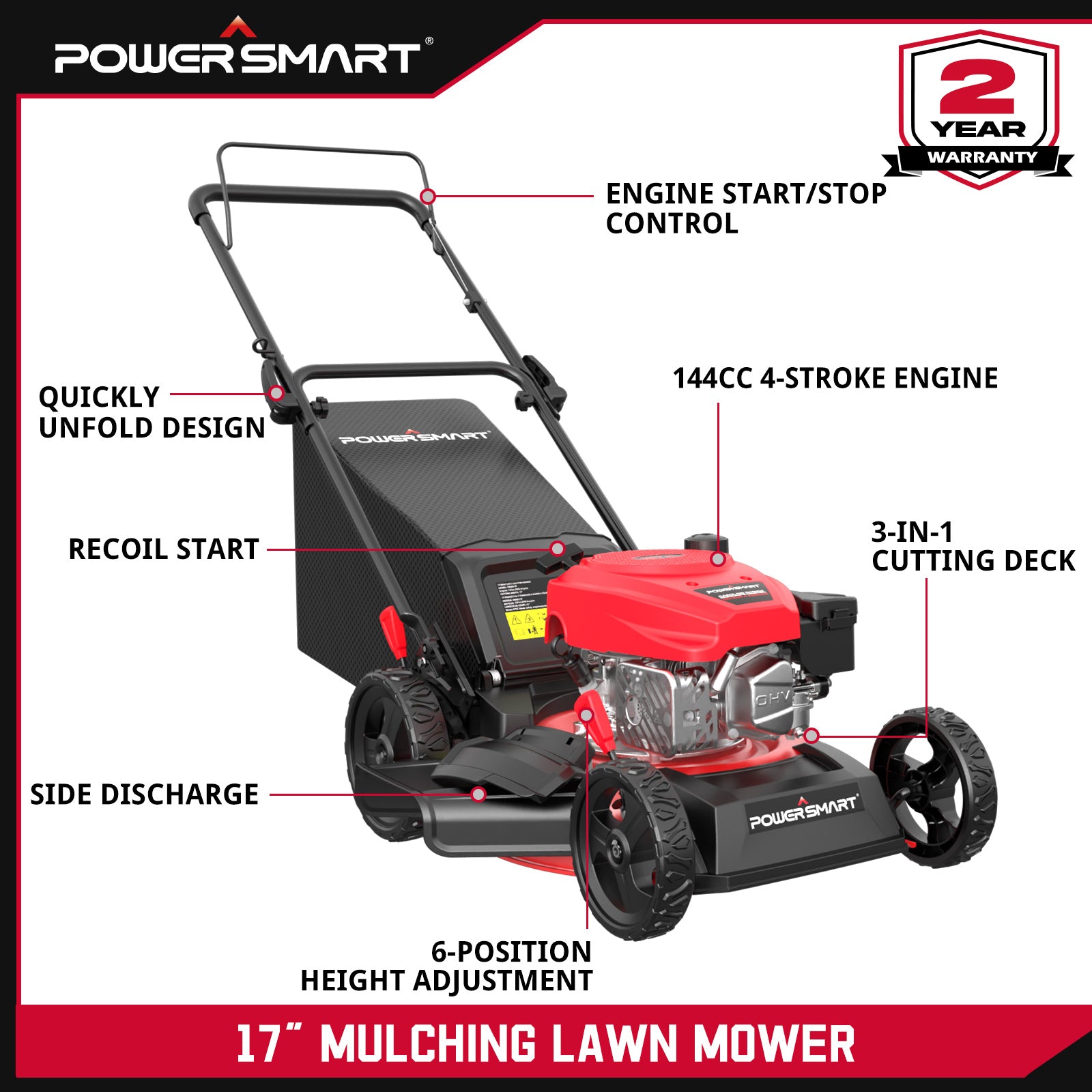 17" 144cc Gas Push 3-in-1 Lawn Mower DV8618P PowerSmart